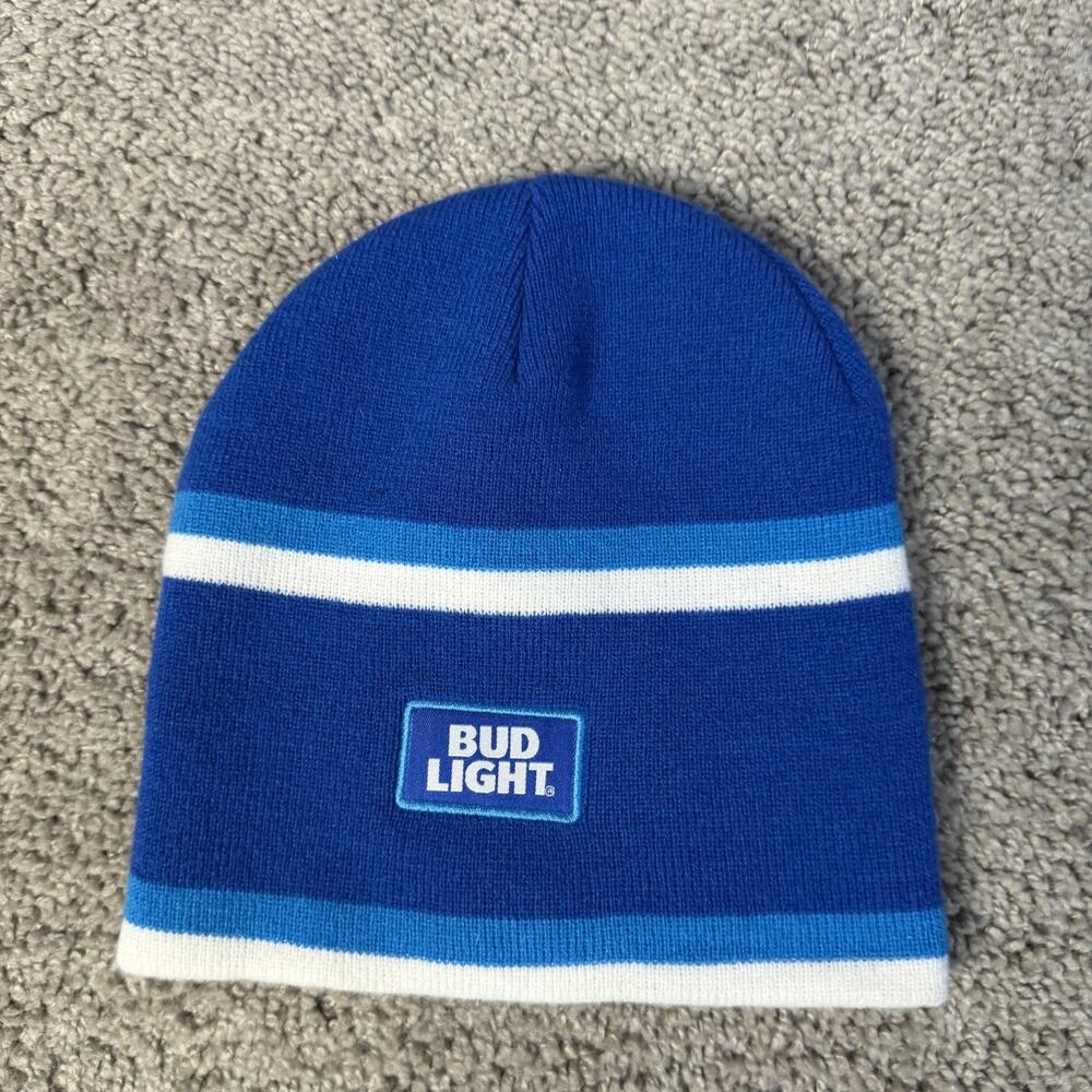 Bud Light Beanie Mens One Size Blue Striped Acrylic Knit Casual Winter